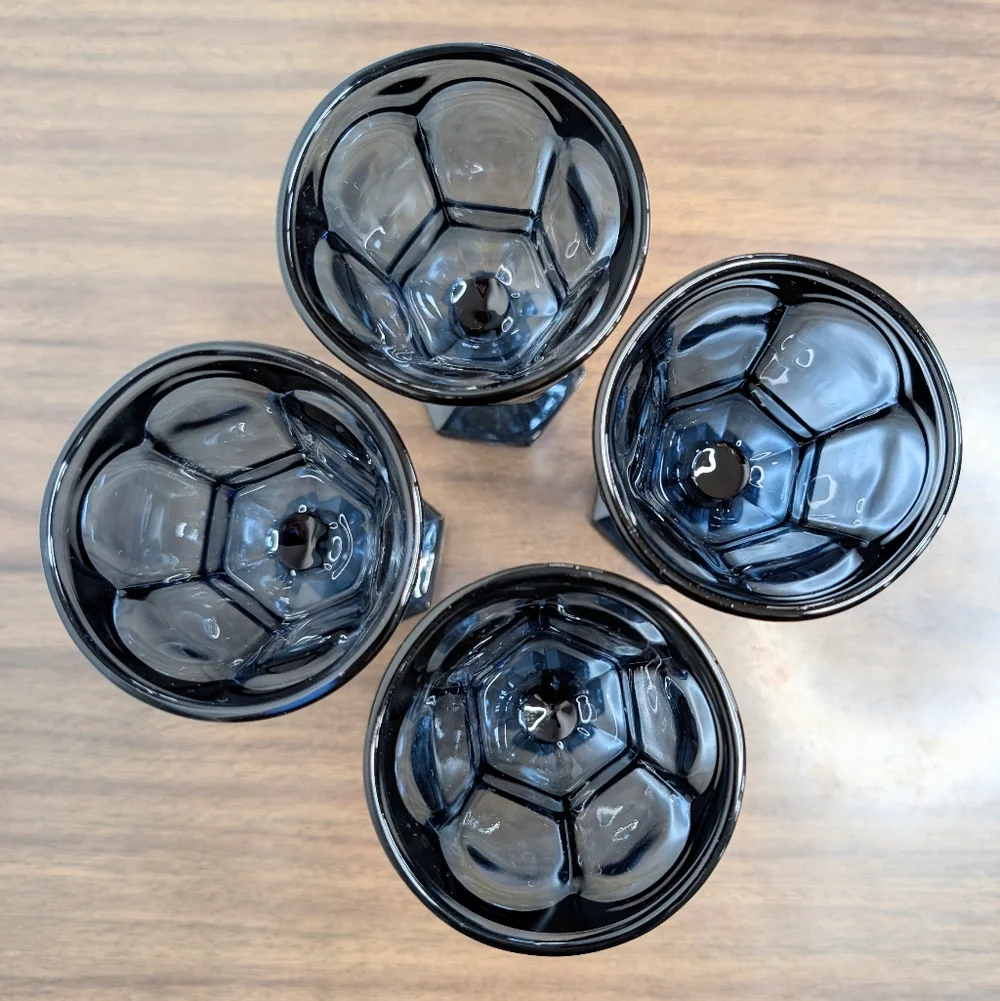 Vintage 80s Dark Blue Virginia Pattern By Fostoria Wine Glasses Set Of 4